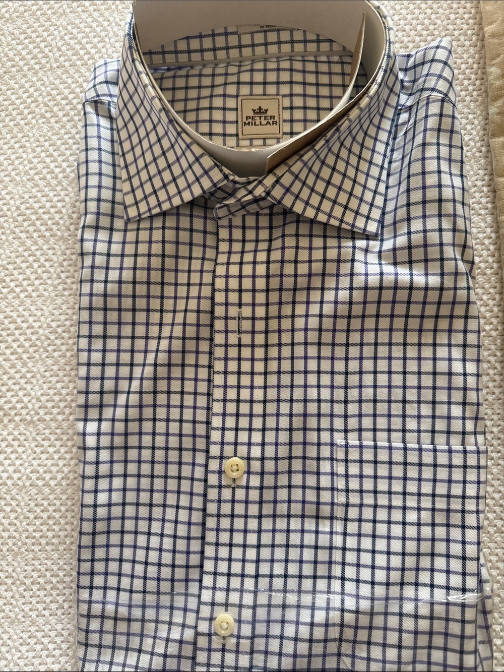 Peter Millar  Dress Shirt White ground with Black Purple Windowpane Check